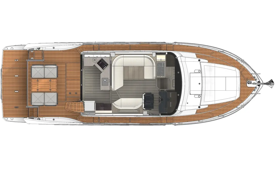 Top view of a sleek boat interior, featuring seating areas, a galley, and helm, set against polished wood flooring.
